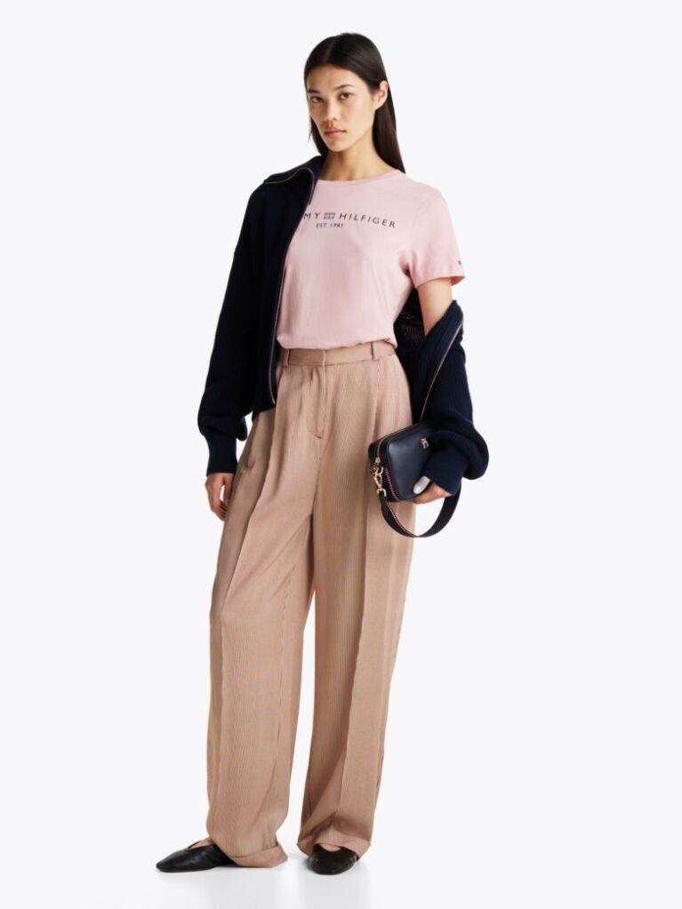 Roz Tricou Cu Logo Si Guler Rotund  Femei