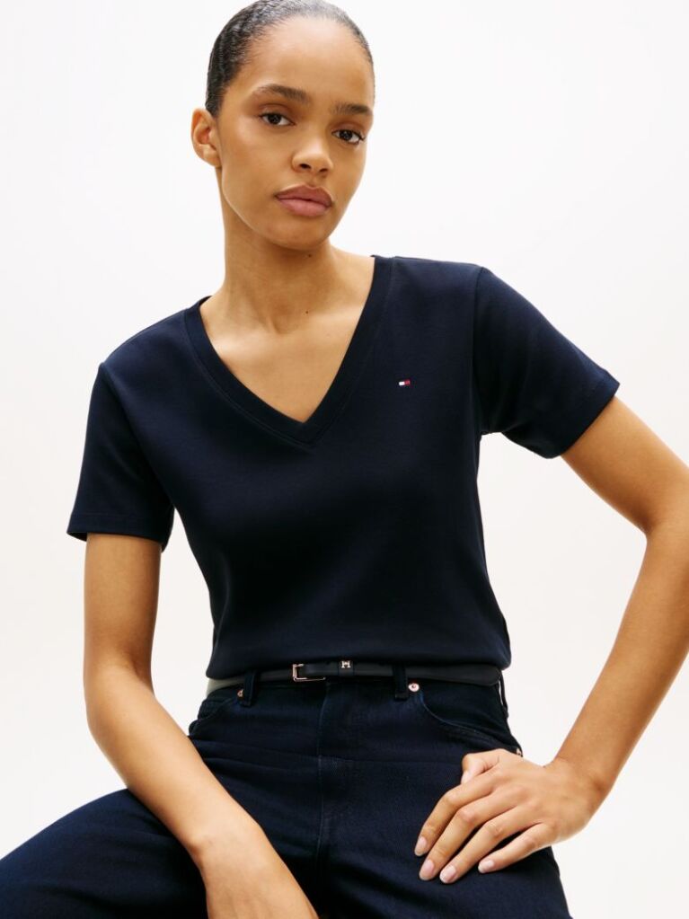 Blue Tricou Slim Fit Tricotat Cu Guler In V  Femei
