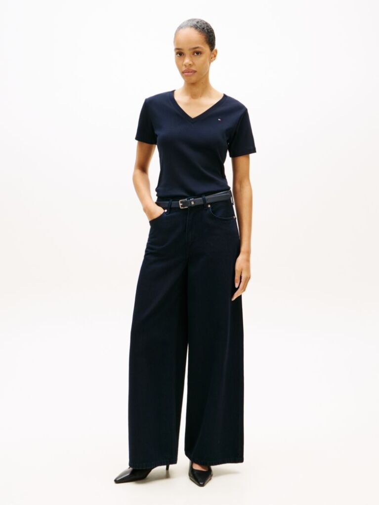 Blue Tricou Slim Fit Tricotat Cu Guler In V  Femei