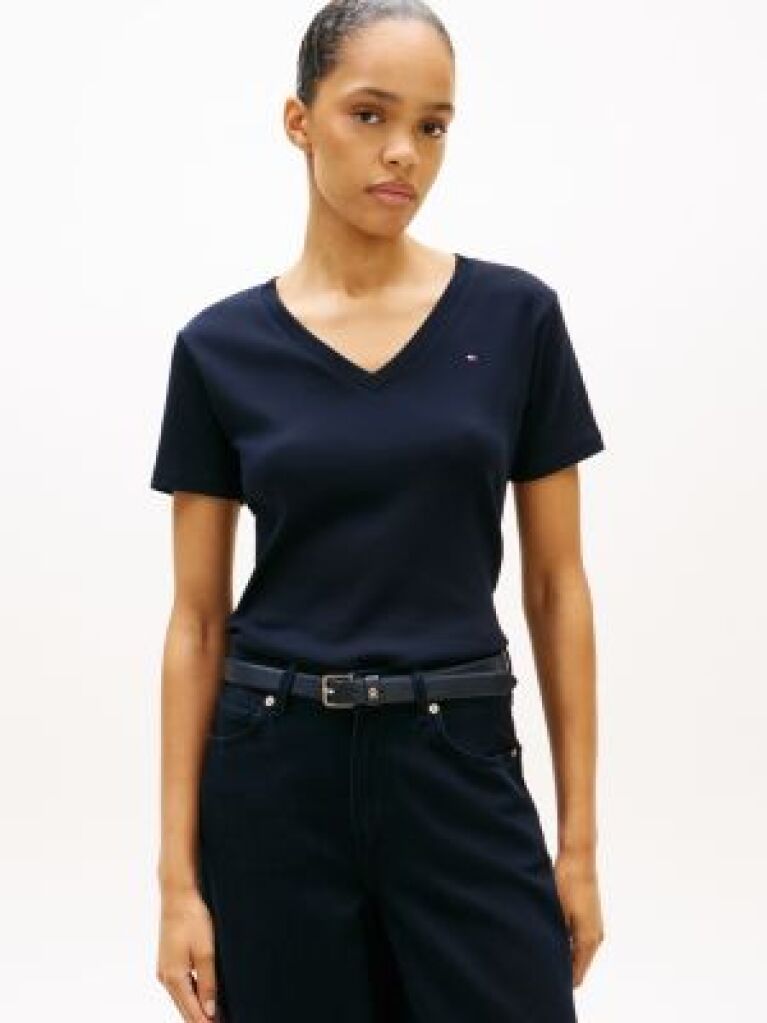Blue Tricou Slim Fit Tricotat Cu Guler In V  Femei