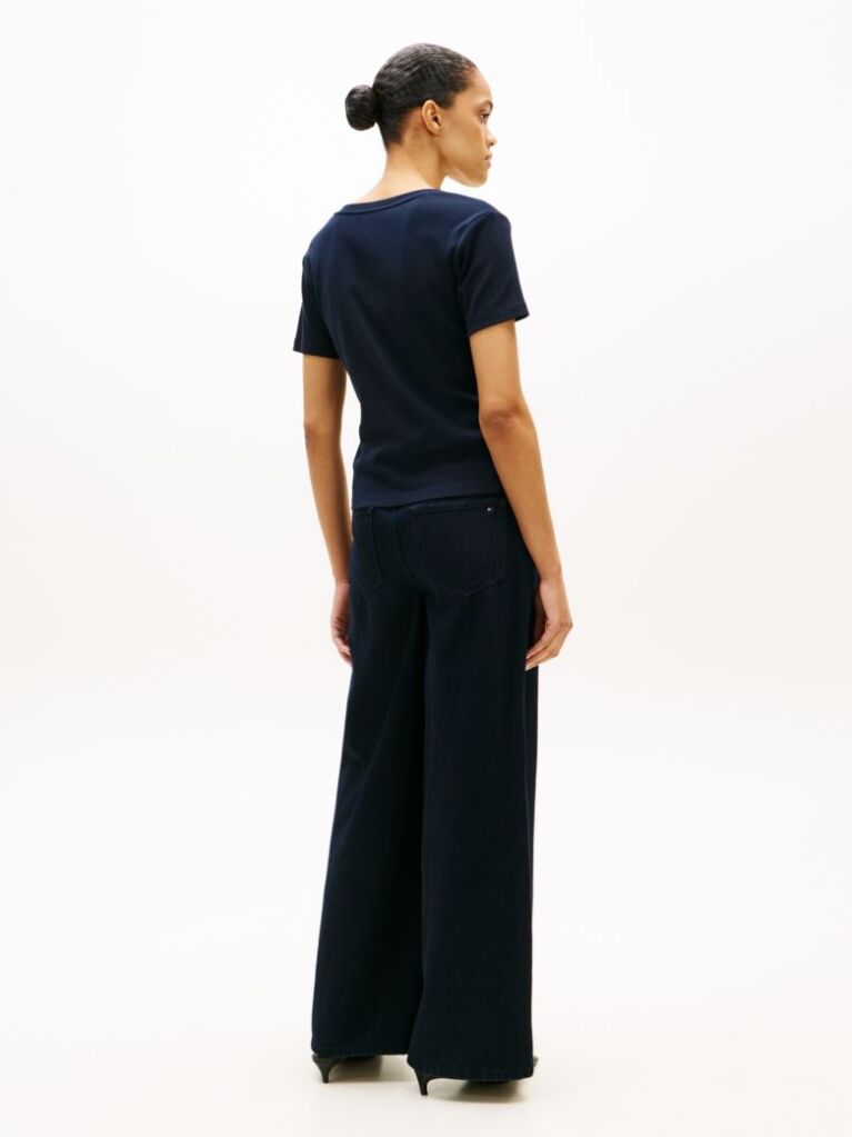 Blue Tricou Slim Fit Tricotat Cu Guler In V  Femei