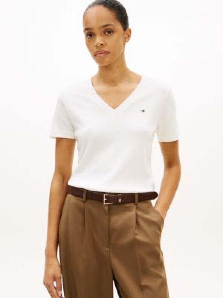 Bej Tricou Slim Fit Tricotat Cu Guler In V  Femei