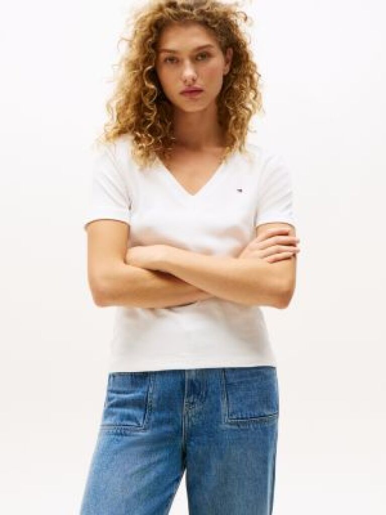 Bej Tricou Slim Fit Tricotat Cu Guler In V  Femei
