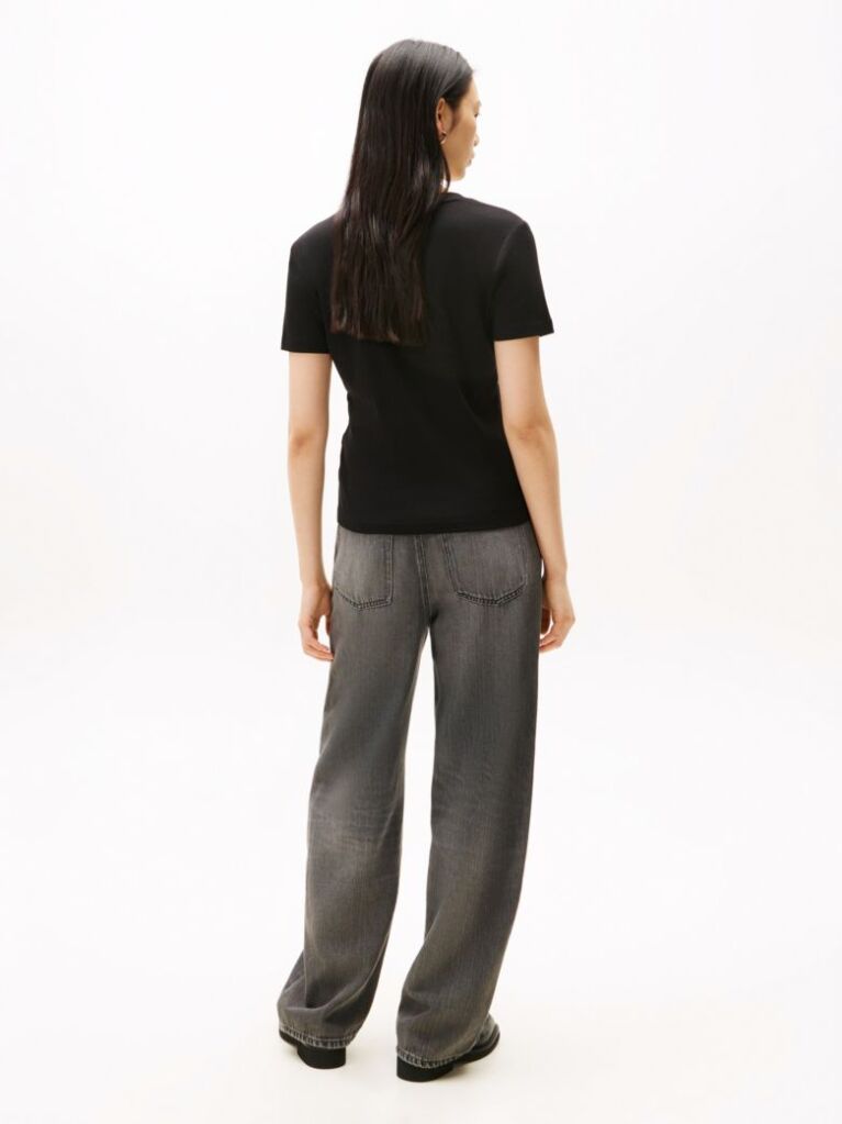 Negru Tricou Slim Fit Tricotat Cu Guler In V  Femei