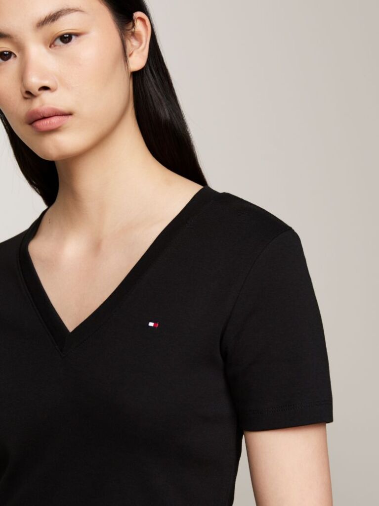 Negru Tricou Slim Fit Tricotat Cu Guler In V  Femei