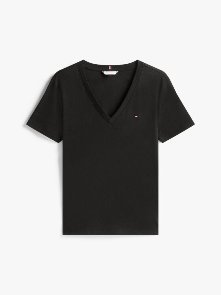 Negru Tricou Slim Fit Tricotat Cu Guler In V  Femei