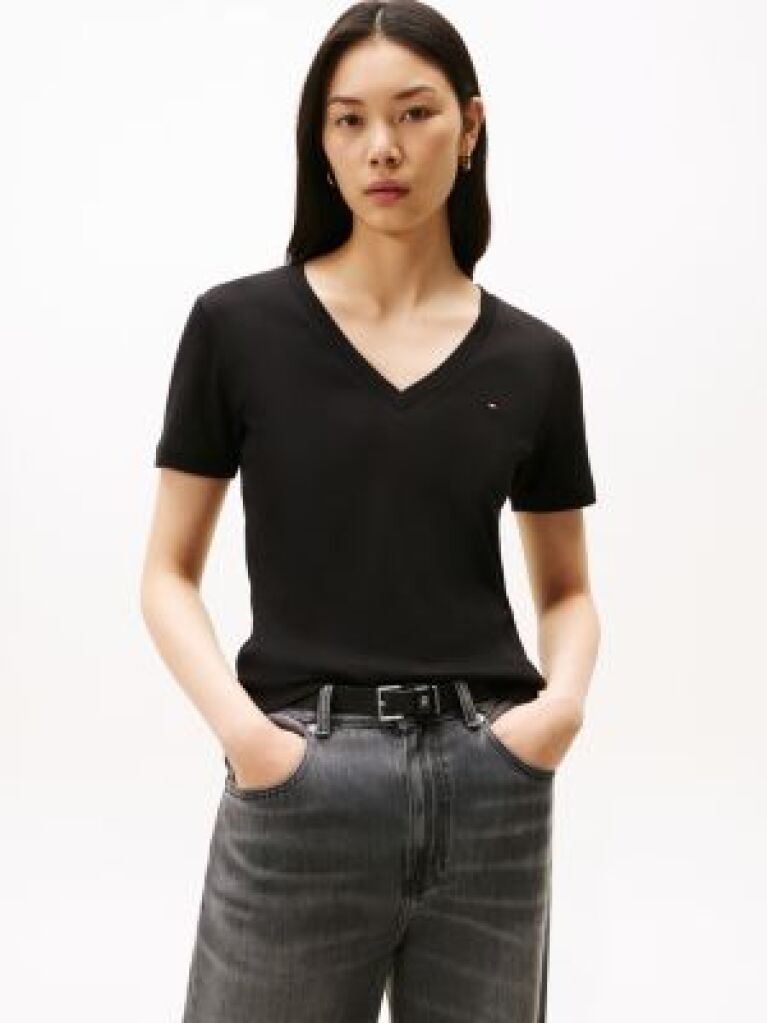 Negru Tricou Slim Fit Tricotat Cu Guler In V  Femei