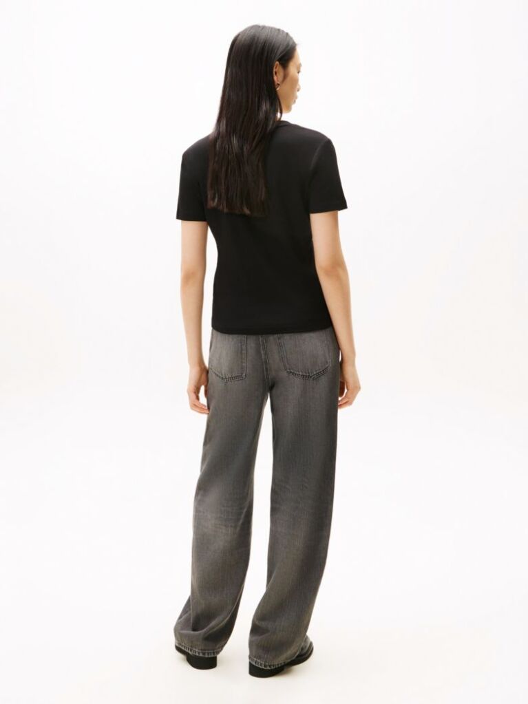 Negru Tricou Slim Fit Tricotat Cu Guler In V  Femei