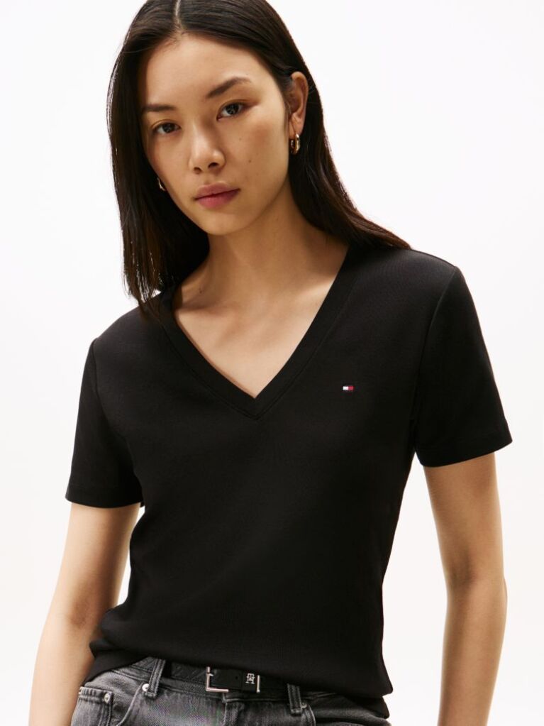 Negru Tricou Slim Fit Tricotat Cu Guler In V  Femei