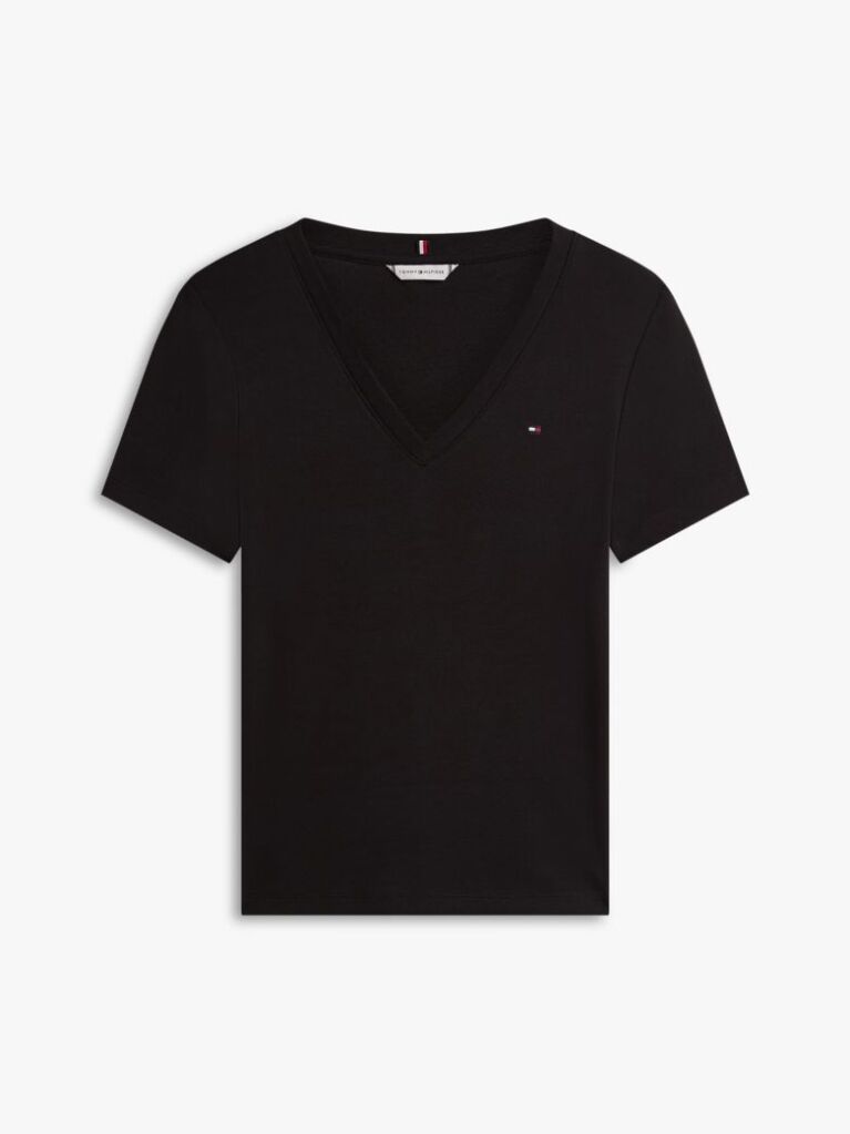 Negru Tricou Slim Fit Tricotat Cu Guler In V  Femei