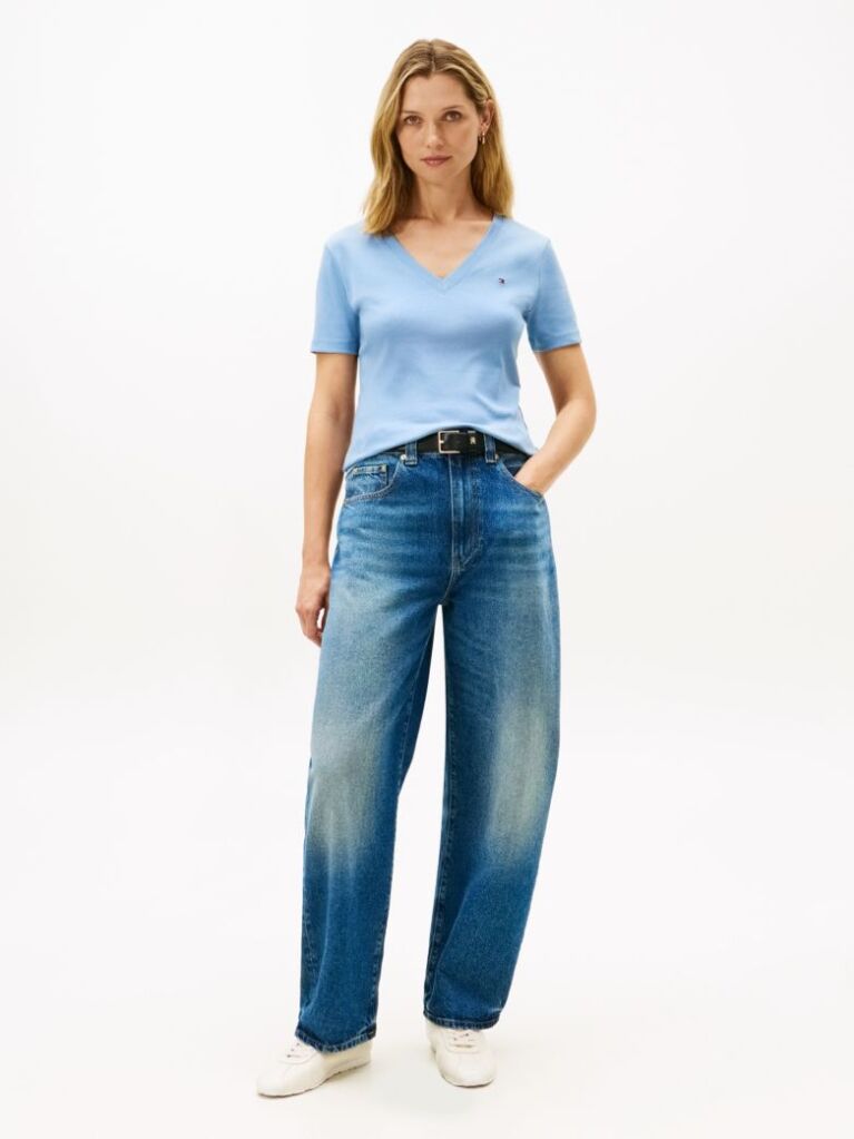Blue Tricou Slim Fit Tricotat Cu Guler In V  Femei