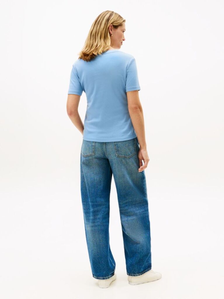 Blue Tricou Slim Fit Tricotat Cu Guler In V  Femei