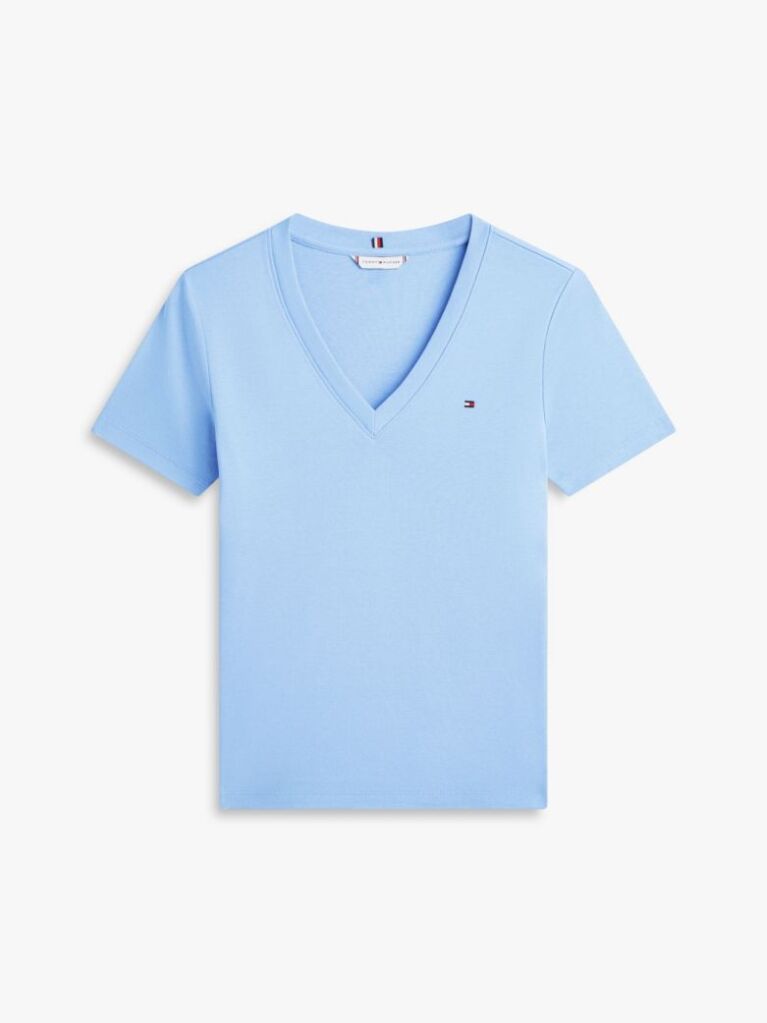 Blue Tricou Slim Fit Tricotat Cu Guler In V  Femei