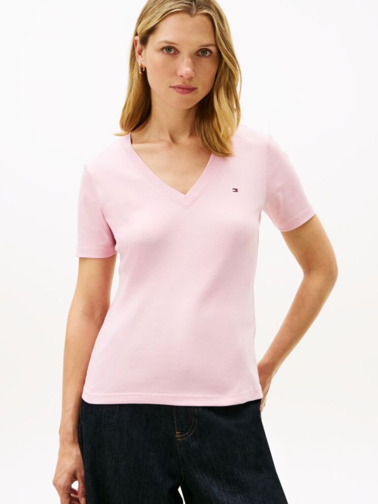 Roz Tricou Slim Fit Tricotat Cu Guler In V  Femei