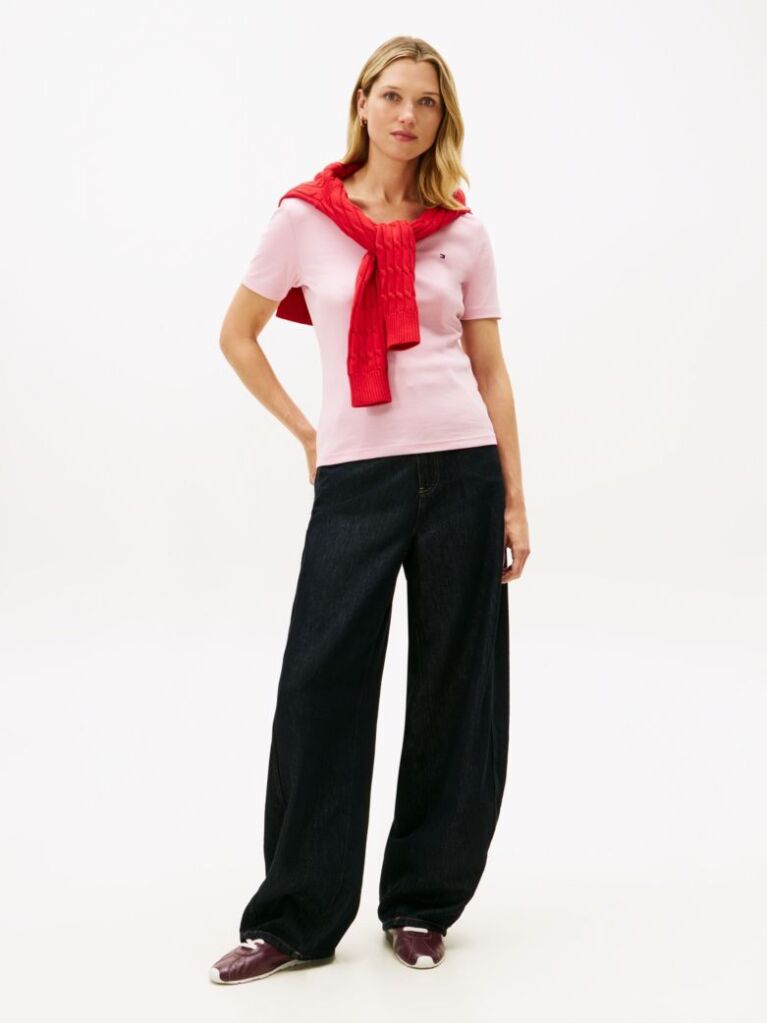 Roz Tricou Slim Fit Tricotat Cu Guler In V  Femei