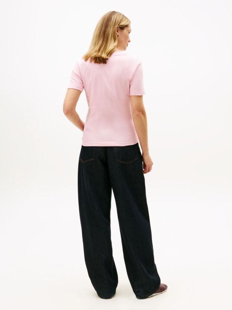 Roz Tricou Slim Fit Tricotat Cu Guler In V  Femei