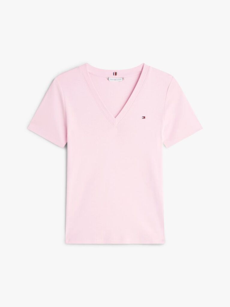 Roz Tricou Slim Fit Tricotat Cu Guler In V  Femei