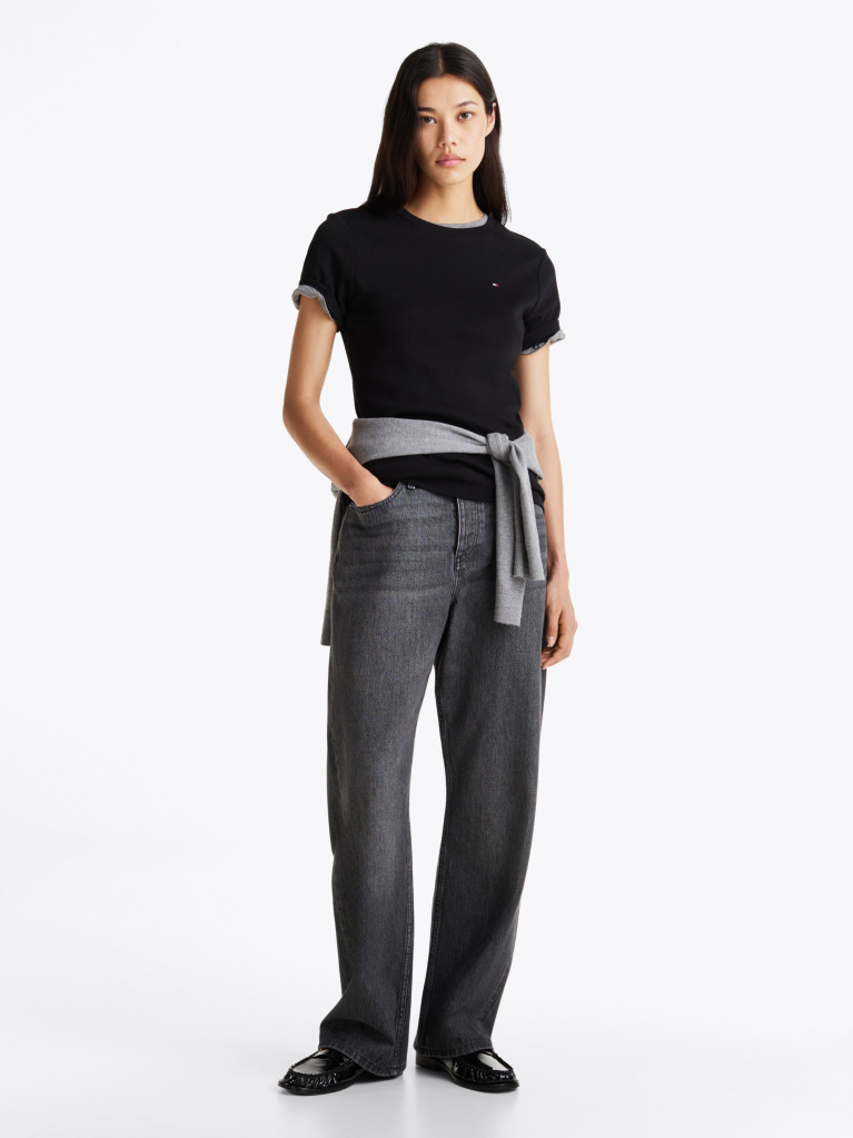 Negru Tricou Cu Nervuri Slim Fit Cu Steag Brodat  Femei