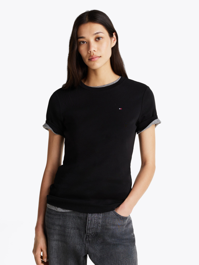 Negru Tricou Cu Nervuri Slim Fit Cu Steag Brodat  Femei