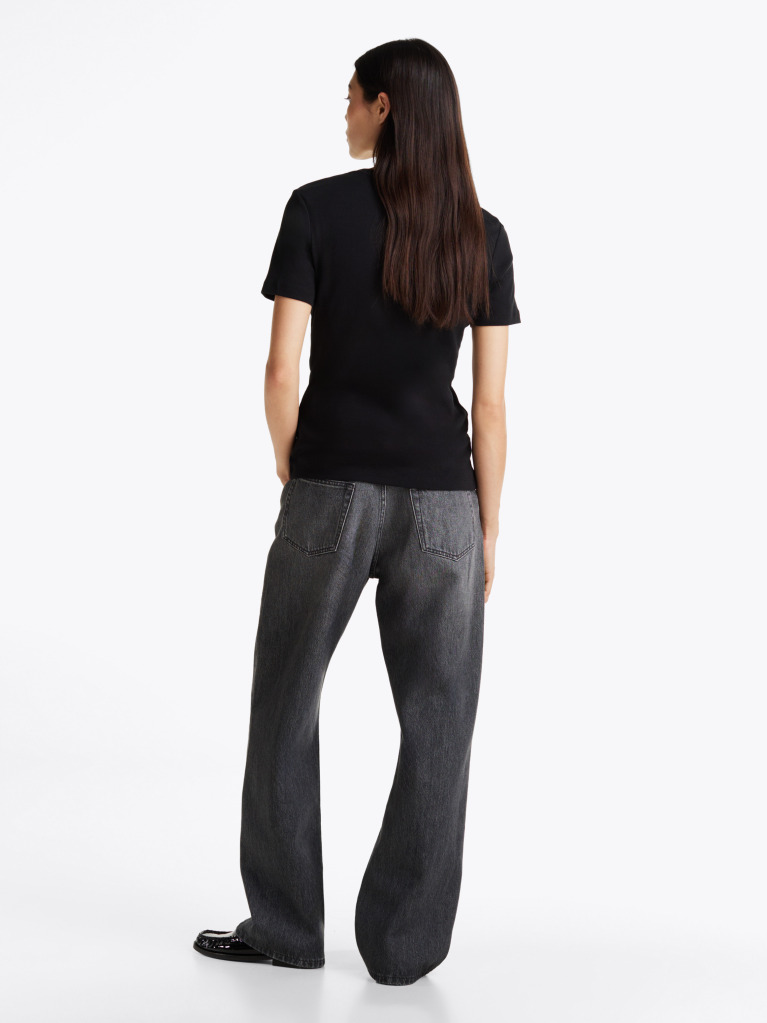 Negru Tricou Cu Nervuri Slim Fit Cu Steag Brodat  Femei