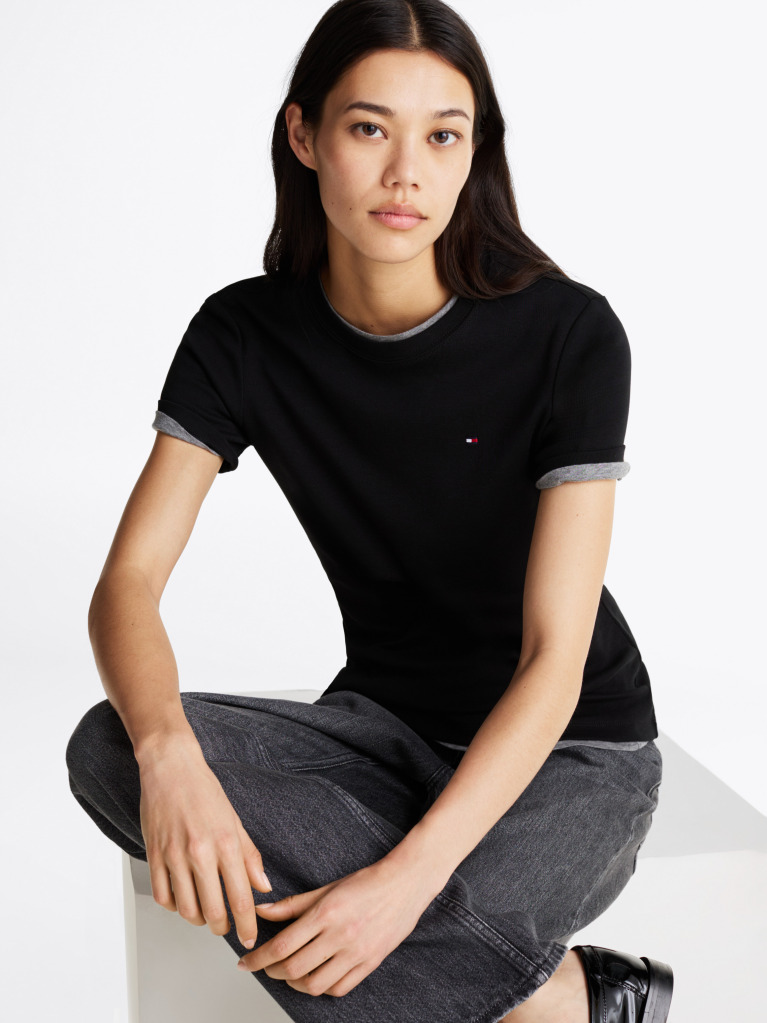 Negru Tricou Cu Nervuri Slim Fit Cu Steag Brodat  Femei