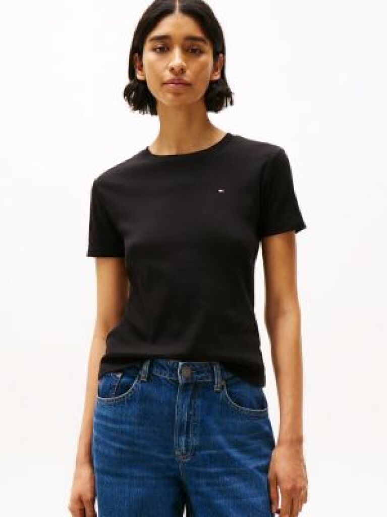 Negru Tricou Cu Nervuri Slim Fit Cu Steag Brodat  Femei