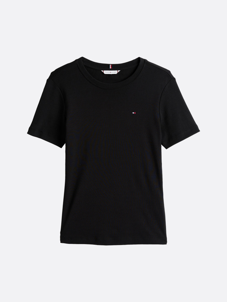 Negru Tricou Cu Nervuri Slim Fit Cu Steag Brodat  Femei