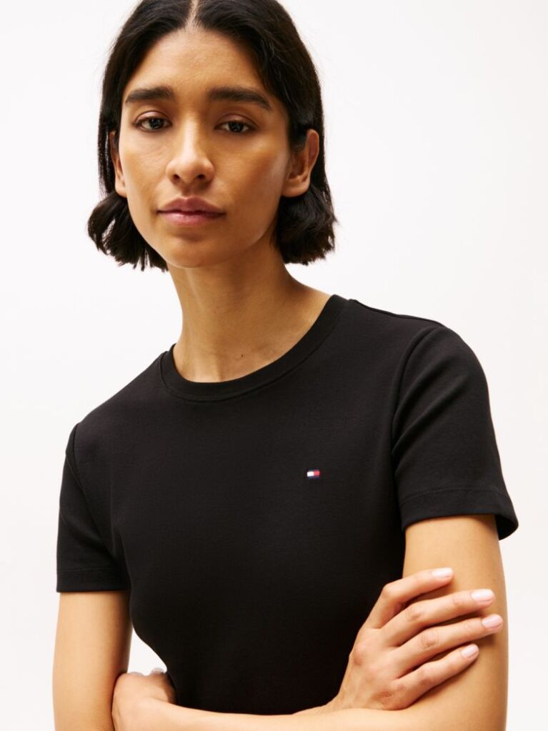 Negru Tricou Cu Nervuri Slim Fit Cu Steag Brodat  Femei