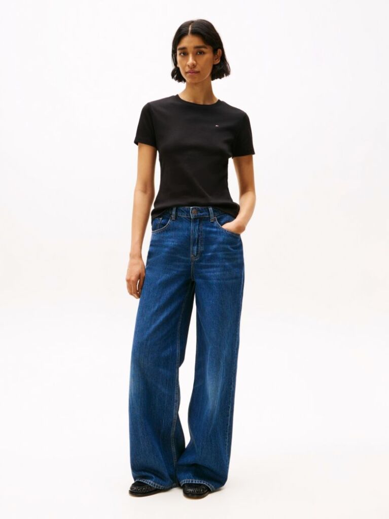 Negru Tricou Cu Nervuri Slim Fit Cu Steag Brodat  Femei