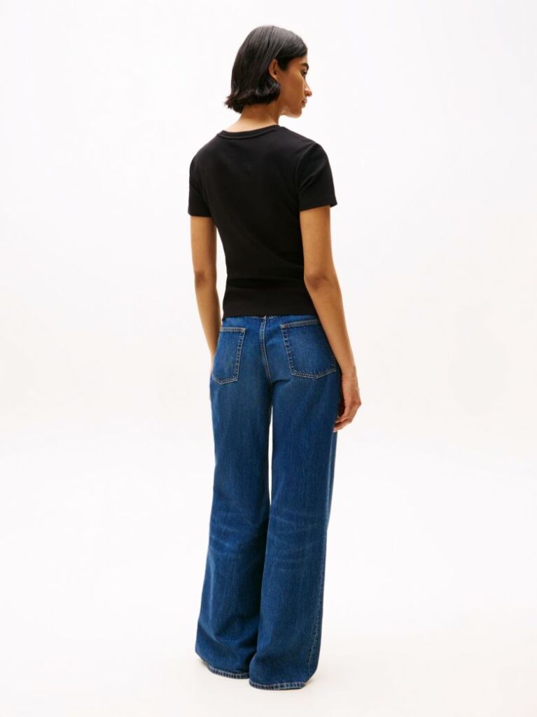 Negru Tricou Cu Nervuri Slim Fit Cu Steag Brodat  Femei