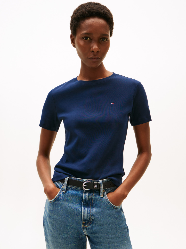 Blue Tricou Cu Nervuri Slim Fit Cu Steag Brodat  Femei