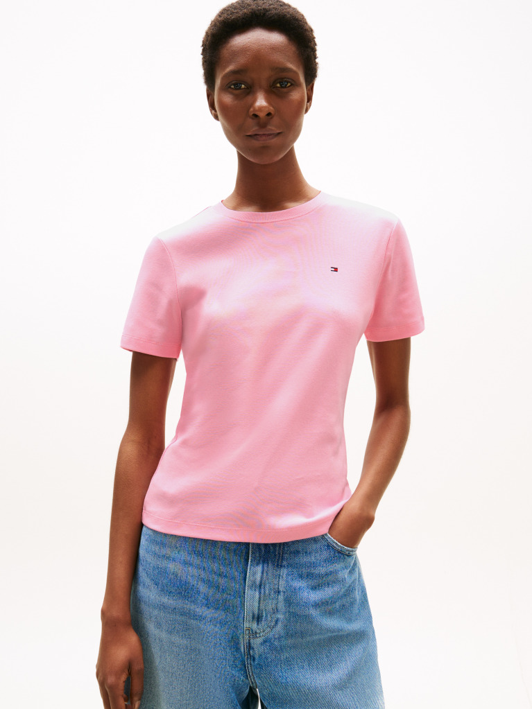 Roz Tricou Cu Nervuri Slim Fit Cu Steag Brodat  Femei