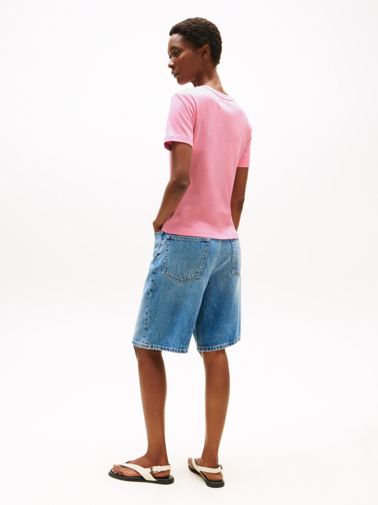 Roz Tricou Cu Nervuri Slim Fit Cu Steag Brodat  Femei
