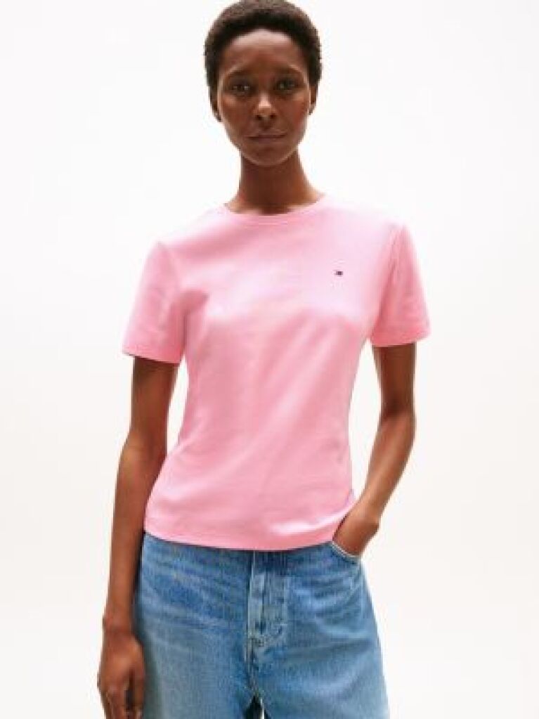 Roz Tricou Cu Nervuri Slim Fit Cu Steag Brodat  Femei
