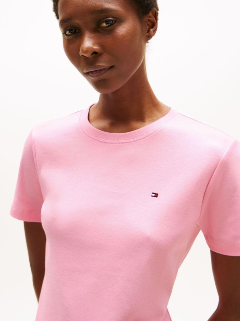 Roz Tricou Cu Nervuri Slim Fit Cu Steag Brodat  Femei