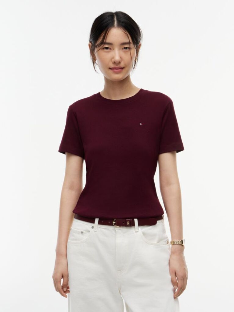 Rosu Tricou Cu Nervuri Slim Fit Cu Steag Brodat  Femei