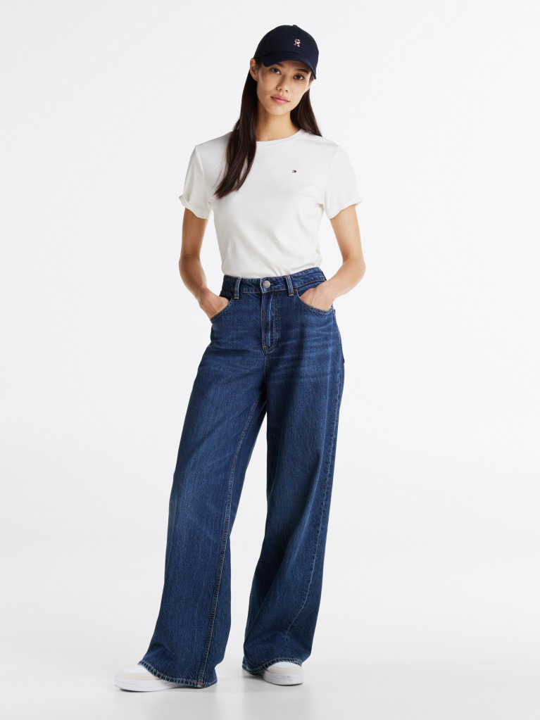 Alb Tricou Cu Nervuri Slim Fit Cu Steag Brodat  Femei