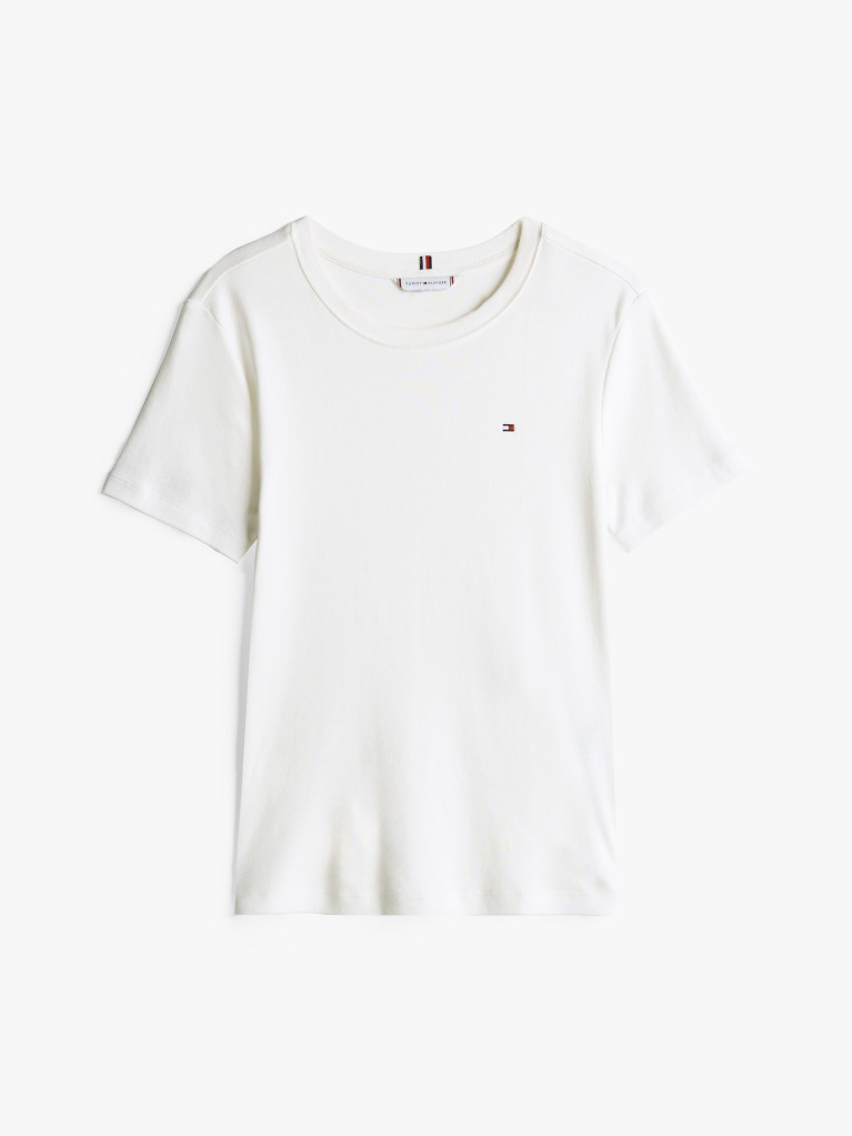 Alb Tricou Cu Nervuri Slim Fit Cu Steag Brodat  Femei