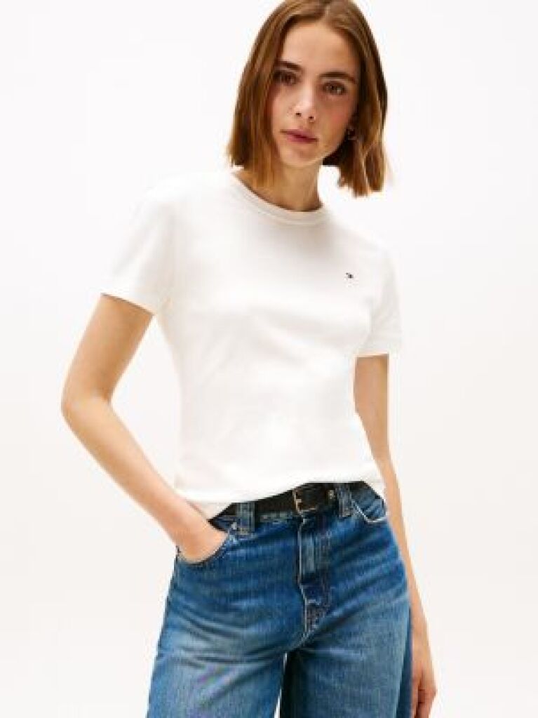 Alb Tricou Cu Nervuri Slim Fit Cu Steag Brodat  Femei