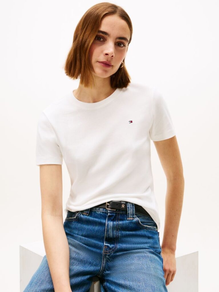 Alb Tricou Cu Nervuri Slim Fit Cu Steag Brodat  Femei