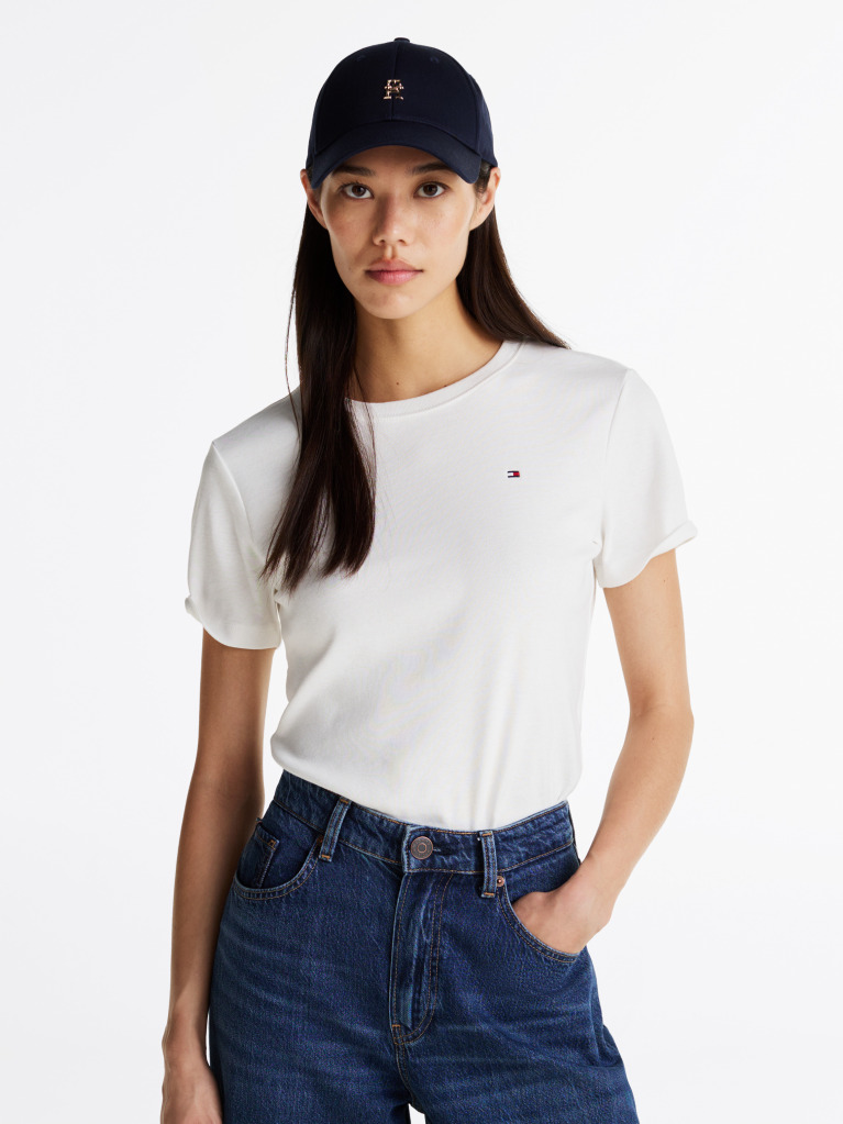 Alb Tricou Cu Nervuri Slim Fit Cu Steag Brodat  Femei