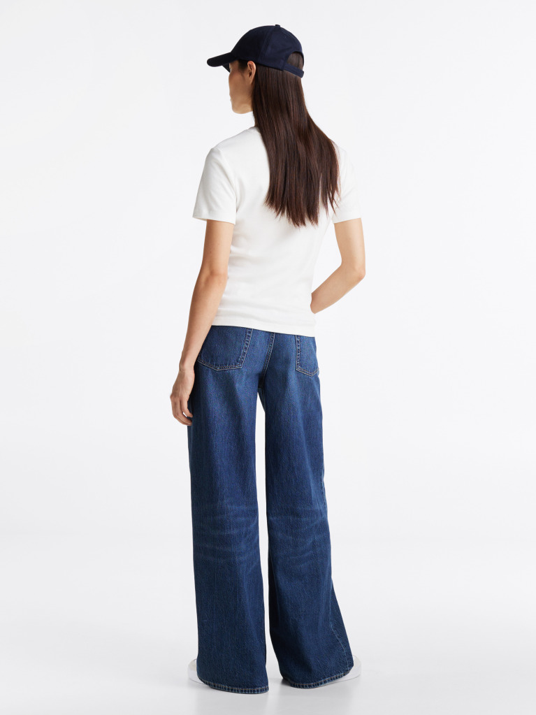Alb Tricou Cu Nervuri Slim Fit Cu Steag Brodat  Femei