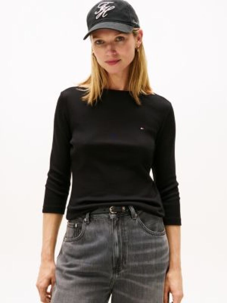Negru Tricou Slim Fit Cu Guler Boat  Femei