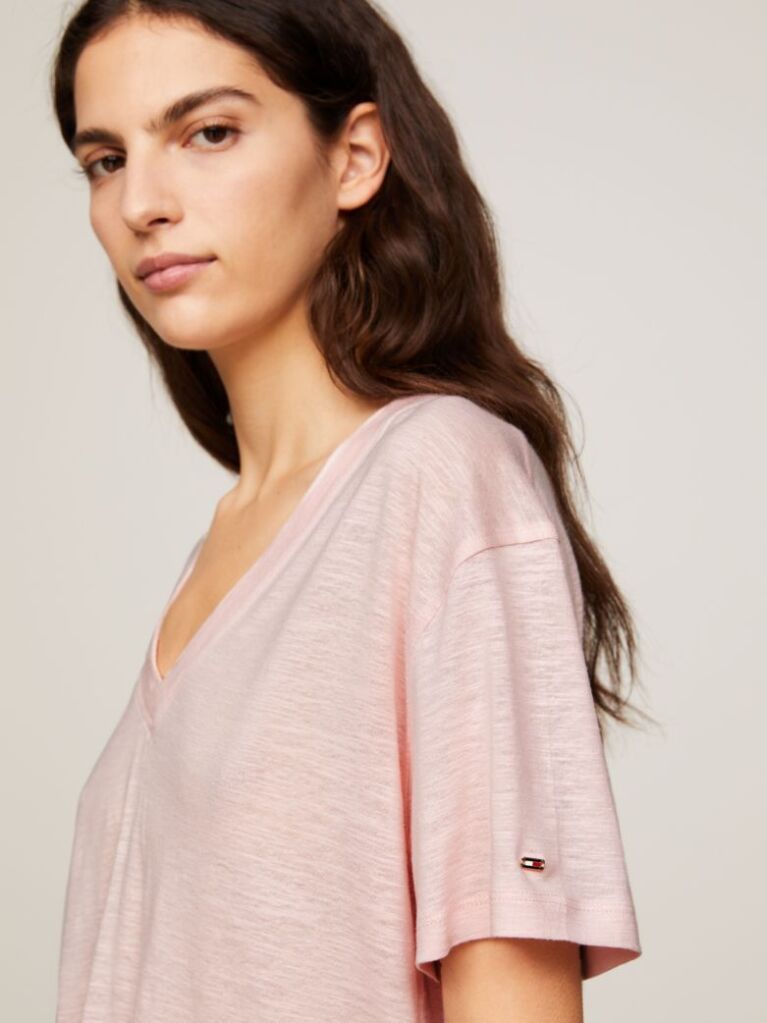 Roz Tricou Relaxed Cu Guler In V  Femei