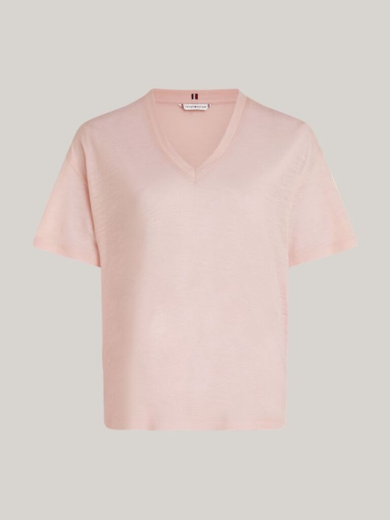 Roz Tricou Relaxed Cu Guler In V  Femei