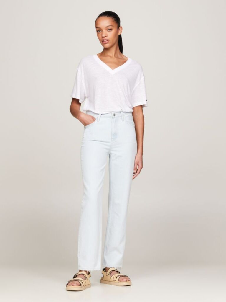 Alb Tricou Relaxed Cu Guler In V  Femei