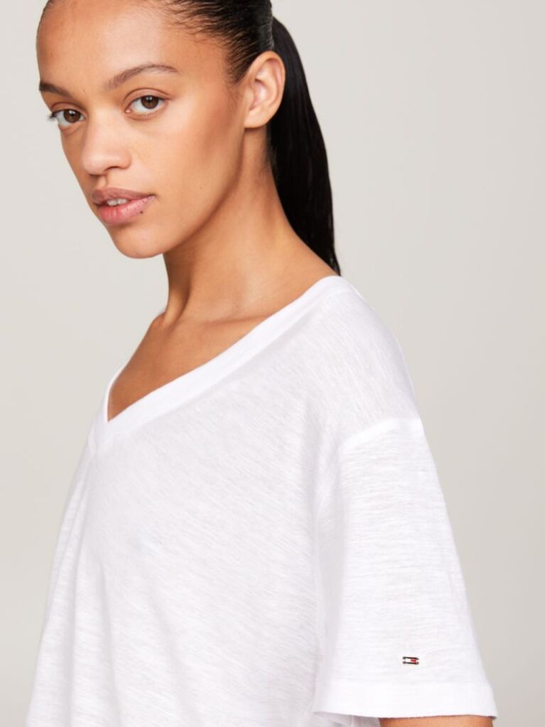 Alb Tricou Relaxed Cu Guler In V  Femei