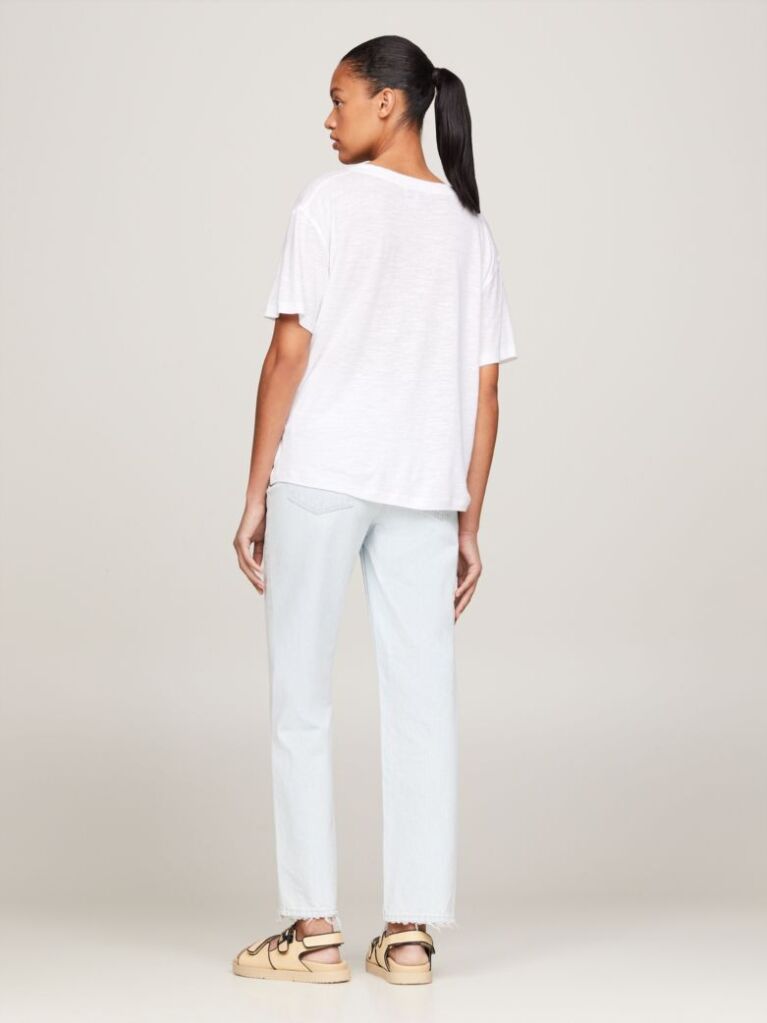 Alb Tricou Relaxed Cu Guler In V  Femei