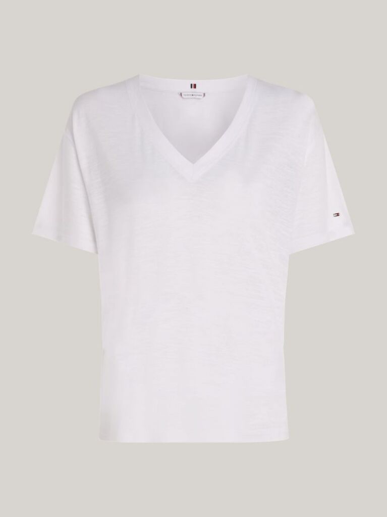 Alb Tricou Relaxed Cu Guler In V  Femei