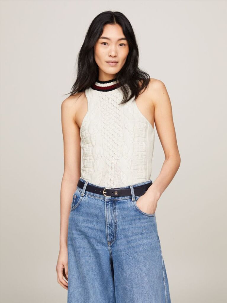 Beige Varsity Mixed Knit Slim Tank Top  Women